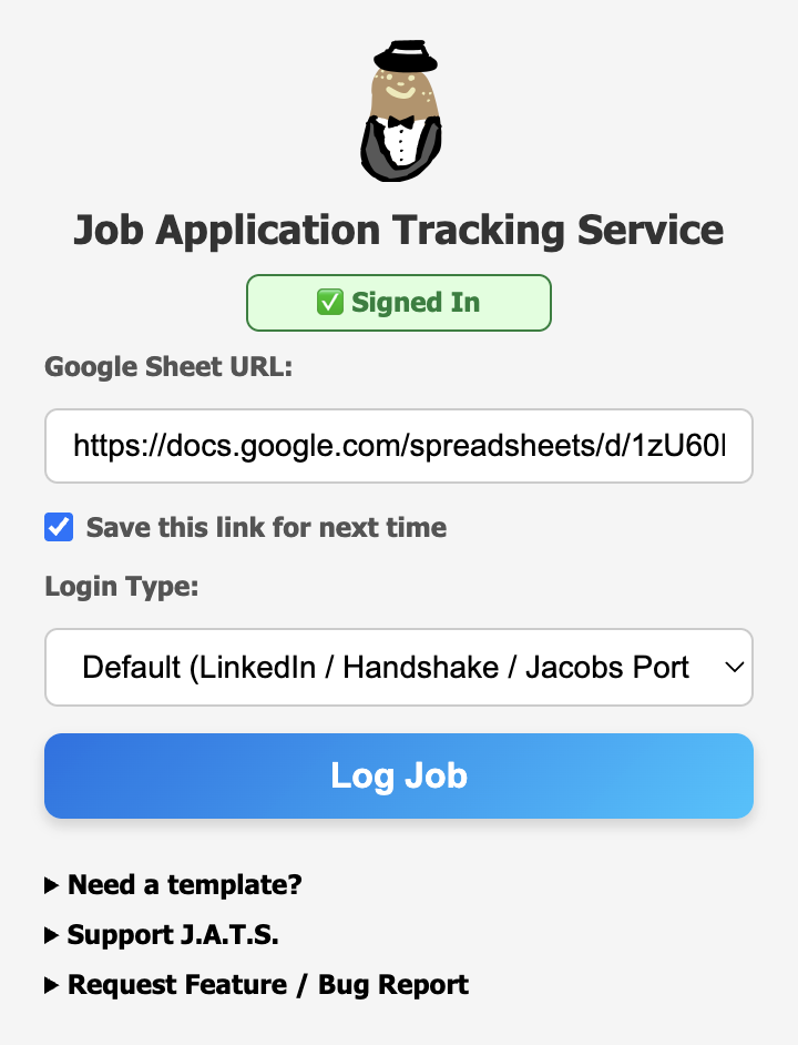 JATS extension popup screenshot